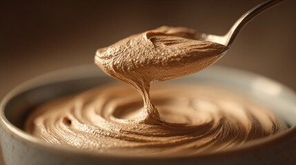 Fototapeta premium Close-up of spoonful of mousse lifted from bowl, creamy texture highlighted by directional light