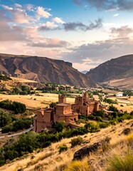 Scenic castle nestled in valley at sunset
