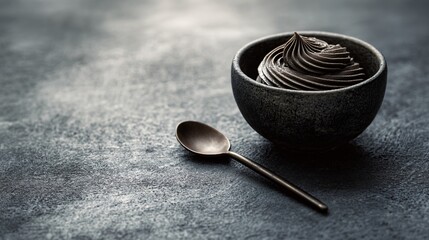 Elegant photo mousse bowl, spoon resting beside, gray-toned surface and soft light