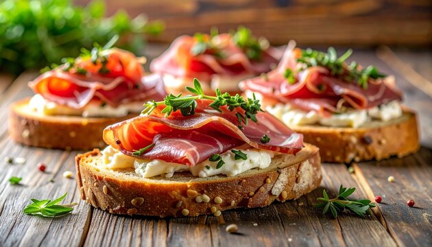 Close-up of two open-faced sandwiches featuring rye bread, sliced cheese, rolled cured ham, topped with fresh rosemary and black peppercorns on wood.