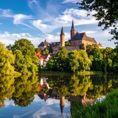 Scenic castle reflected in a calm river