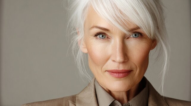 A strong-willed businesswoman stands in a softly lit environment, her stylish attire exuding confidence. Her piercing gaze reflects determination, making a statement about modern leadership