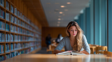 Young woman studying and reading book at modern library table  