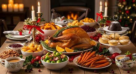 A christmas dinner table with a roasted turkey and various side dishes and desserts