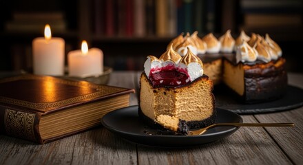 Peanut butter cheesecake A slice of decadent cheesecake with meringue topping and berry compote, served next to an antique book and lit candles.