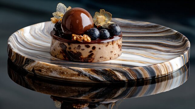 Modern editorial mousse on marble plate with stylized reflection
