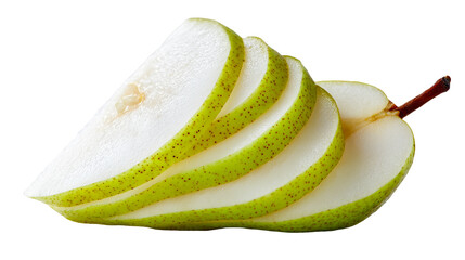 Pear sliced diagonally, isolated on white and transparent background, cut out png