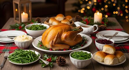 Festive thanksgiving dinner table setting with turkey and traditional sides