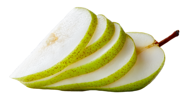 Pear sliced diagonally, isolated on white and transparent background, cut out png