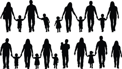 Silhouette family walking together, parents holding children's hands, happy family group illustration, mother father kids, isolated vector people