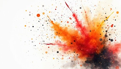 Vibrant watercolor splash bursts in red orange, black hues. Artistic abstract explosion with dynamic paint splatter, dots. Festive energetic motion background for celebrations, cultural events.