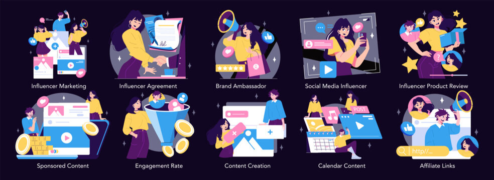 Vector Illustration of Influencer Marketing Concepts in Action