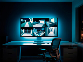 Security camera CCTV feed on a curved monitor in a dark office at night.