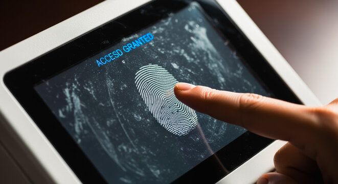 A fingertip activates a futuristic fingerprint scanner, unlocking secure access in this close-up shot of a modern tablet.