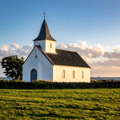 Scenic church on a grassy plain at sunset