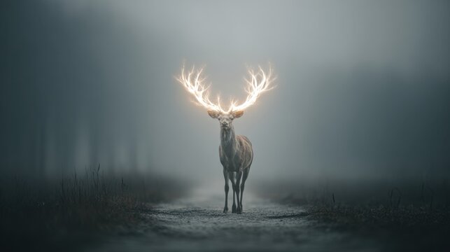 Majestic Deer with Glowing Illuminated Antlers Standing in Foggy Forest Path - Powered by Adobe
