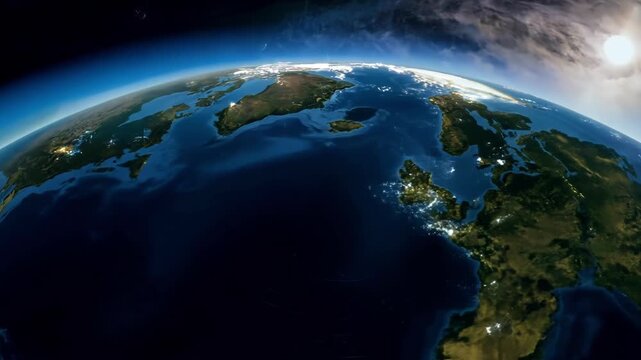 Earth slowly rotates in space as the camera glides slightly forward, revealing continents, ocean reflections, and approaching sunlight creating a global atmospheric view