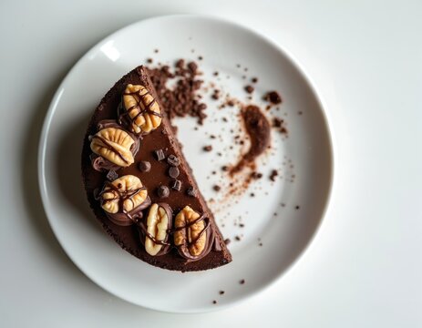 Decadent chocolate cake slice with nuts, chocolate chips sits on white plate. Half eaten dessert leaves crumbs, chocolate smudges on dish. Sweet rich treat for indulgence. Bakery product, patisserie - Powered by Adobe