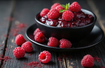 Ripe red raspberries fill black bowl with sweet compote. Fresh berries and berry jam sit on dark wood surface. Delicious fruit dessert ready for eating.