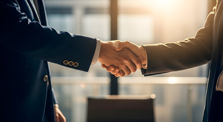 Business People Handshake Agreement in Sunlit Office