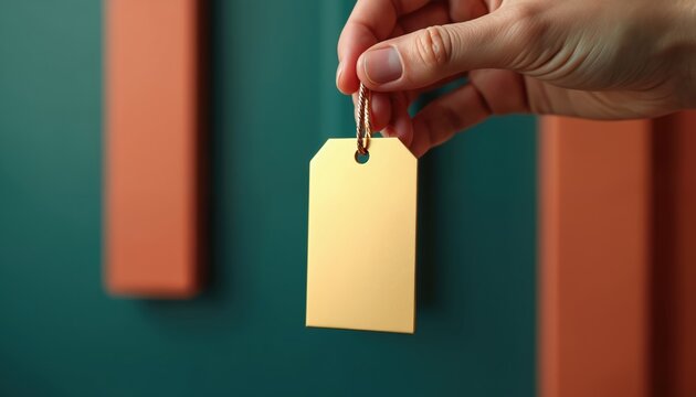 Hand holds blank golden tag against teal background. Orange blocks frame image. Item price tag awaits personalization, suggesting premium retail offer or gift idea.