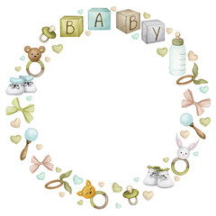 Round frame for a baby in pastel colors. Watercolor wreath, backdrop for birthday card, gender party, baby shower, children's party. Greeting card, invitation in Scandinavian, boho styles. 
