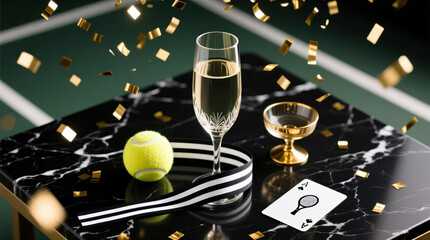 Champagne celebration with tennis ball, card, and confetti.