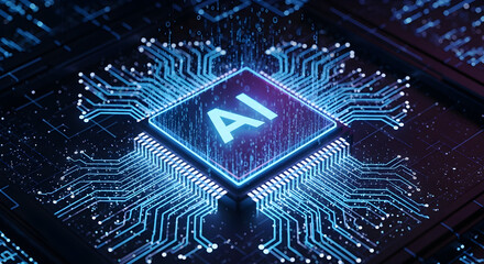 Artificial Intelligence Microchip on Dark Circuit Board with Blue Light