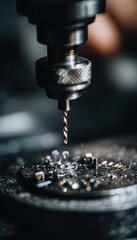 Close-up of a drill bit penetrating a metal surface, accompanied by a splash of liquid and metal shavings, highlighting precision and detail.