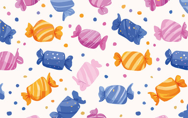 カラフルで可愛らしい包み紙に入ったキャンディが散りばめられた、シームレスなベクターパターン背景デザイン。