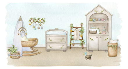 Fragment of a newborn's bedroom with baby items, accessories and toys.Watercolor composition. Hand drawn illustration. Poster, card design, invitation for a baby shower, birthday, birth of a baby.