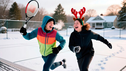Couple laughing and running on a snow-covered tennis court in winter.