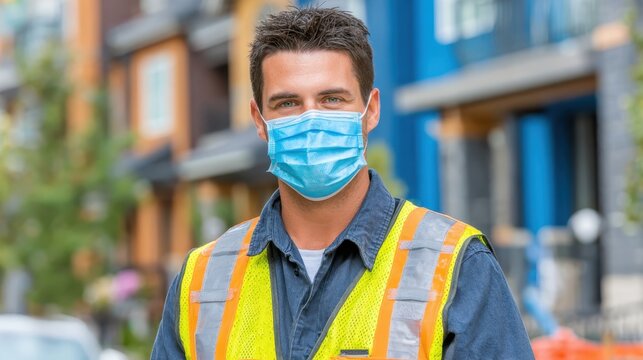 Worker in protective gear and mask ensures safety at building site, adhering to protocols for a secure environment amidst urban backdrop. - Powered by Adobe