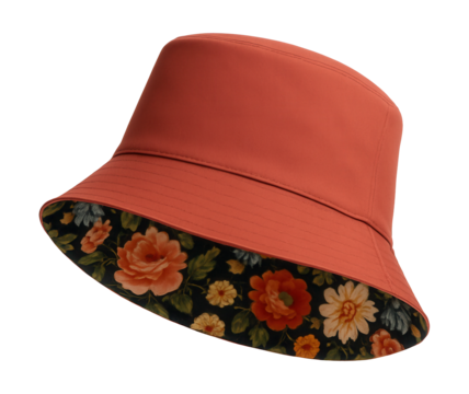 Reversible bucket hat featuring a solid color on one side and floral print on the other.