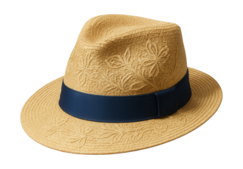 Embroidered straw fedora featuring a wide ribbon band, perfect for summer.