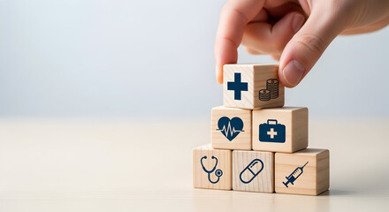 Stack of Wooden Cubes with Healthcare and Insurance Icons