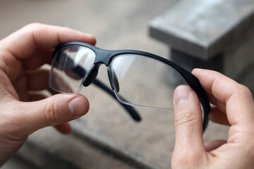 Hands holding clear protective safety glasses at a workshop.