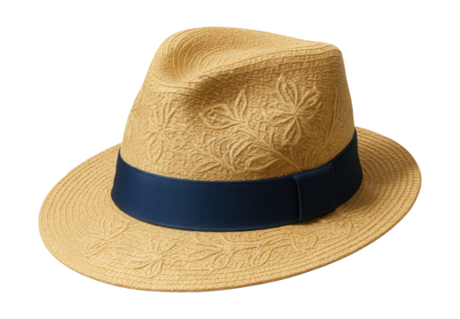 Embroidered straw fedora featuring a wide ribbon band, perfect for summer.