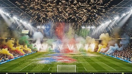 A breathtaking scene of celebration unfolds in a massive stadium at night. Golden fireworks erupt above the crowded stands while colorful smoke and confetti flood the brightly lit field, capturing the - Powered by Adobe