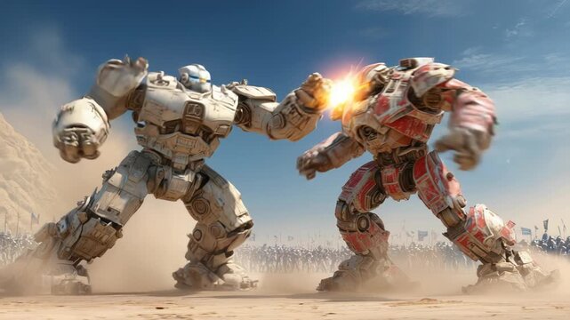 Concept of global futuristic battle on the battlefield with different types of robots fighting against transformer robots using advanced future weapons, epic sci-fi action scene with copy space