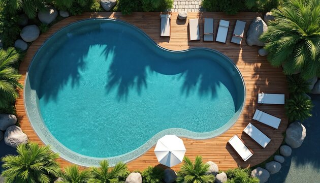Top view resort infinity pool with blue water. Palm trees cast shadows on wavy pool shape. Wooden deck has lounge chairs and white umbrella for relaxation. - Powered by Adobe