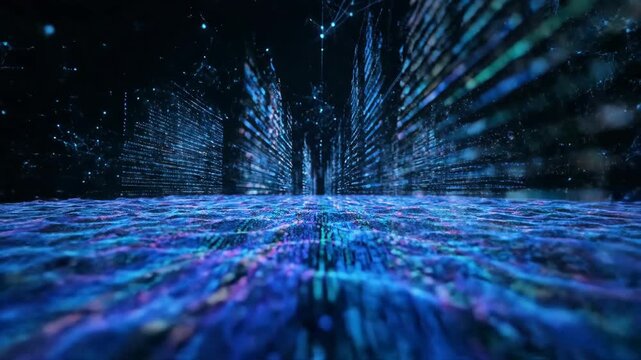 Digital cityscape with light trails, representing futuristic data flow and network connections in a dark blue environment - Powered by Adobe