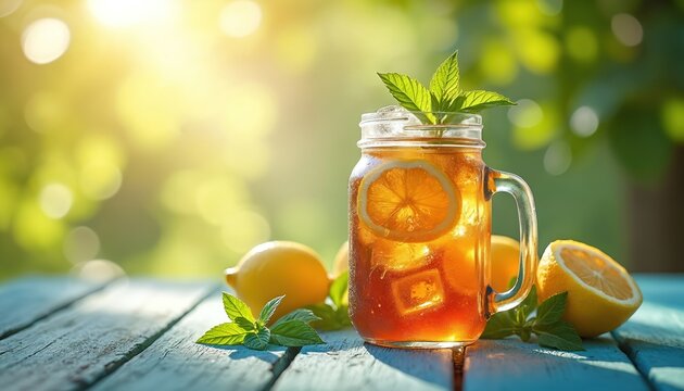 Mason jar of iced tea with lemon, fresh mint sits on rustic blue wooden table. Nearby whole lemons, mint sprigs. Bright summer sunlight illuminates cool drink. Cold beverage offers refreshing summer