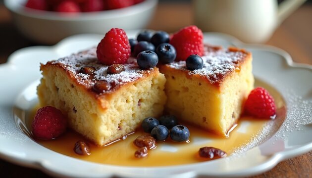 Warm bread pudding served with fresh raspberries and blueberries on white plate. Sweet vanilla sauce pools around cake, dusted with powdered sugar. Delightful dessert, perfect for breakfast or treat.