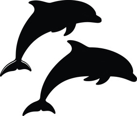 Two dolphin silhouette vector, jumping sea animals illustration, marine wildlife design, ocean aquatic mammals graphic for nature and water theme