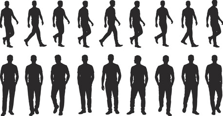 Silhouettes of man walking and standing in different poses, male figure movement, human body posture illustration, pedestrian concept design