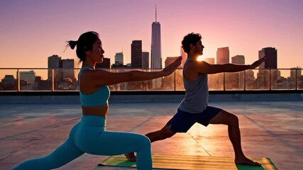 A couple practices synchronized yoga on a rooftop at sunrise, city skyline glowing behind them, symbolizing balance, partnership, mindfulness, and healthy lifestyle.
- Powered by Adobe