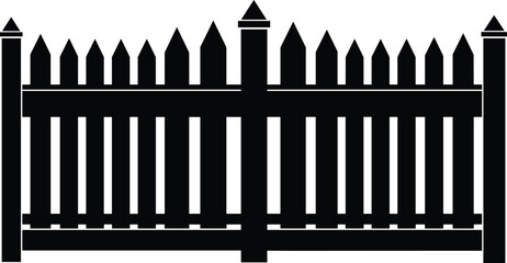 Wooden picket fence silhouette vector illustration, garden boundary security barrier for property yard, outdoor privacy design and landscape decoration
