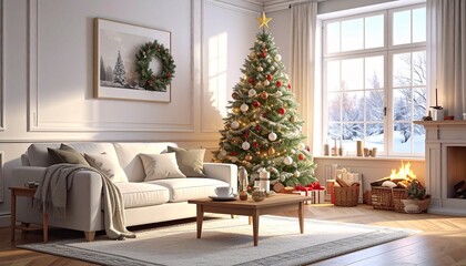 A warm, sunlit Christmas living room with a decorated tree, fireplace, mantel garland, and wreath, viewed through a large window showing a snowy landscape. (179 characters)
