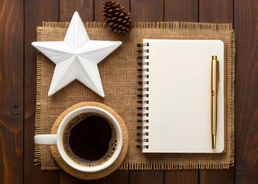 Holiday Inspirations Christmas Theme Concept with coffee notebook and ornaments